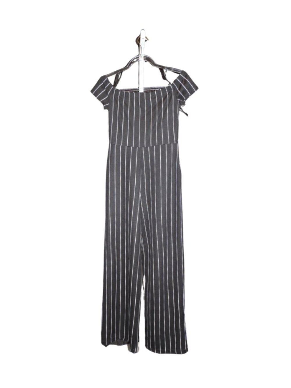 Windsor Black and White Pinstripe Off-Shoulder Jumpsuit